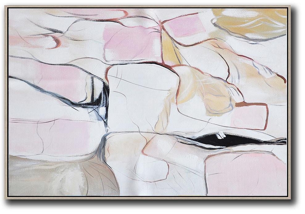 Extra Large Acrylic Painting On Canvas,Oversized Horizontal Contemporary Art,Canvas Wall Art,White,Pink,Yellow,Grey.etc